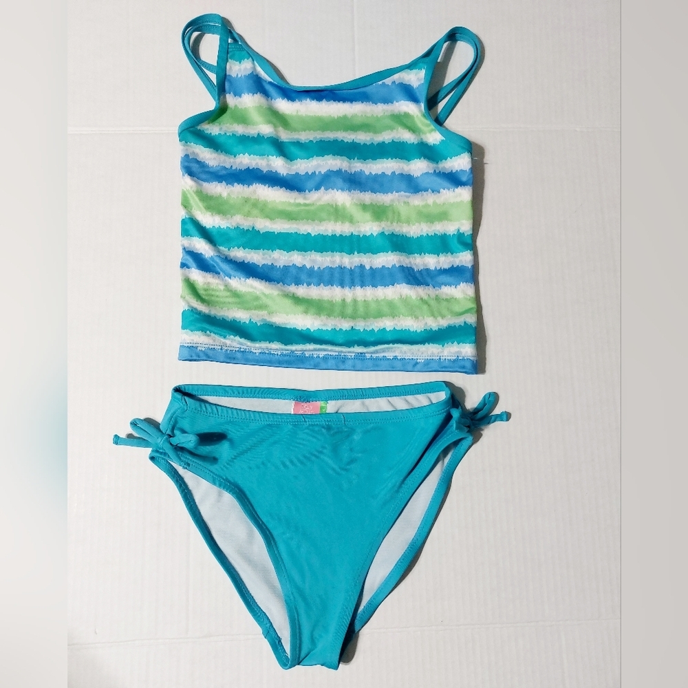 Lily and Dan 2 piece tankini green and‎ blue striped girls size M